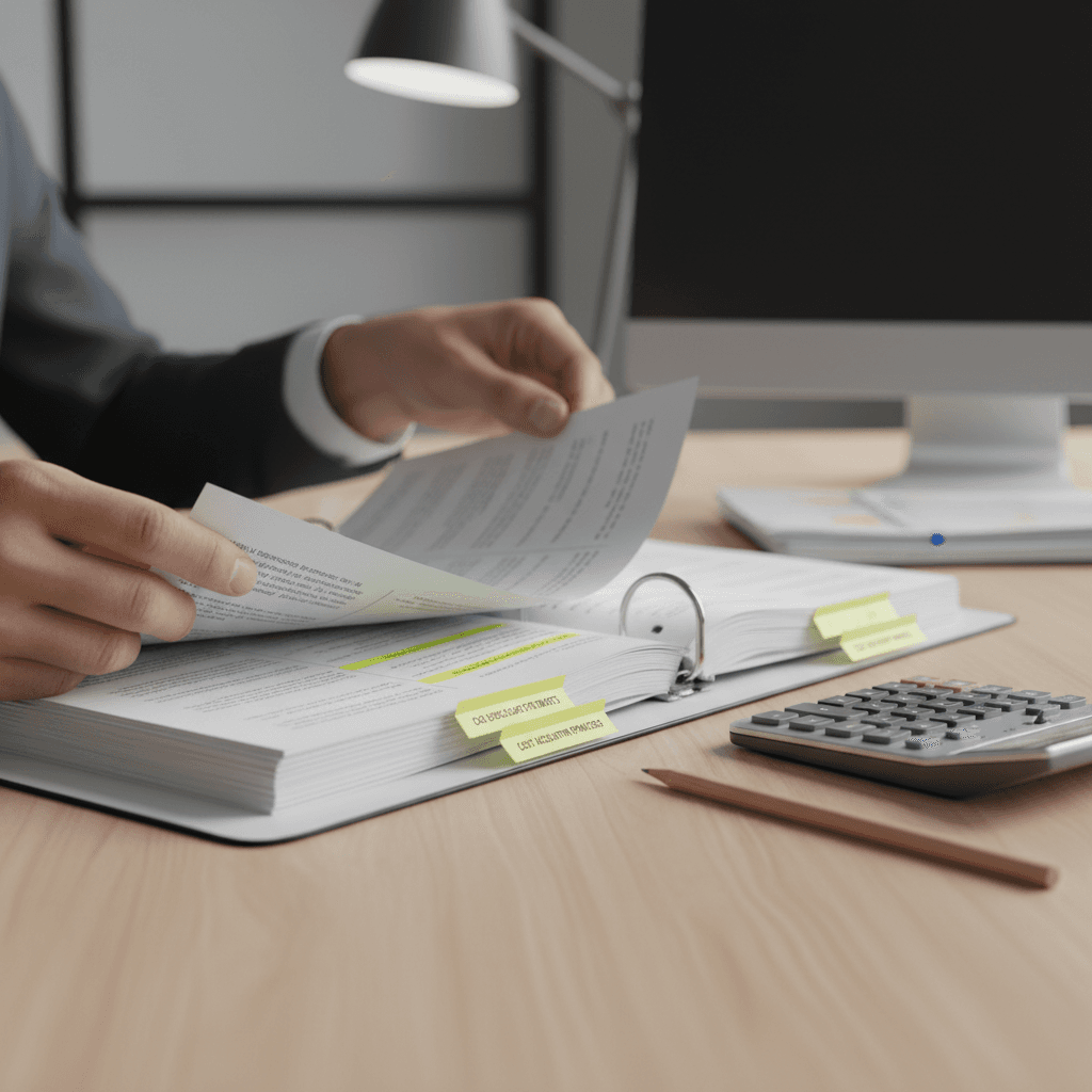 Financial analyst reviewing a CAS disclosure statement binder on a desk.