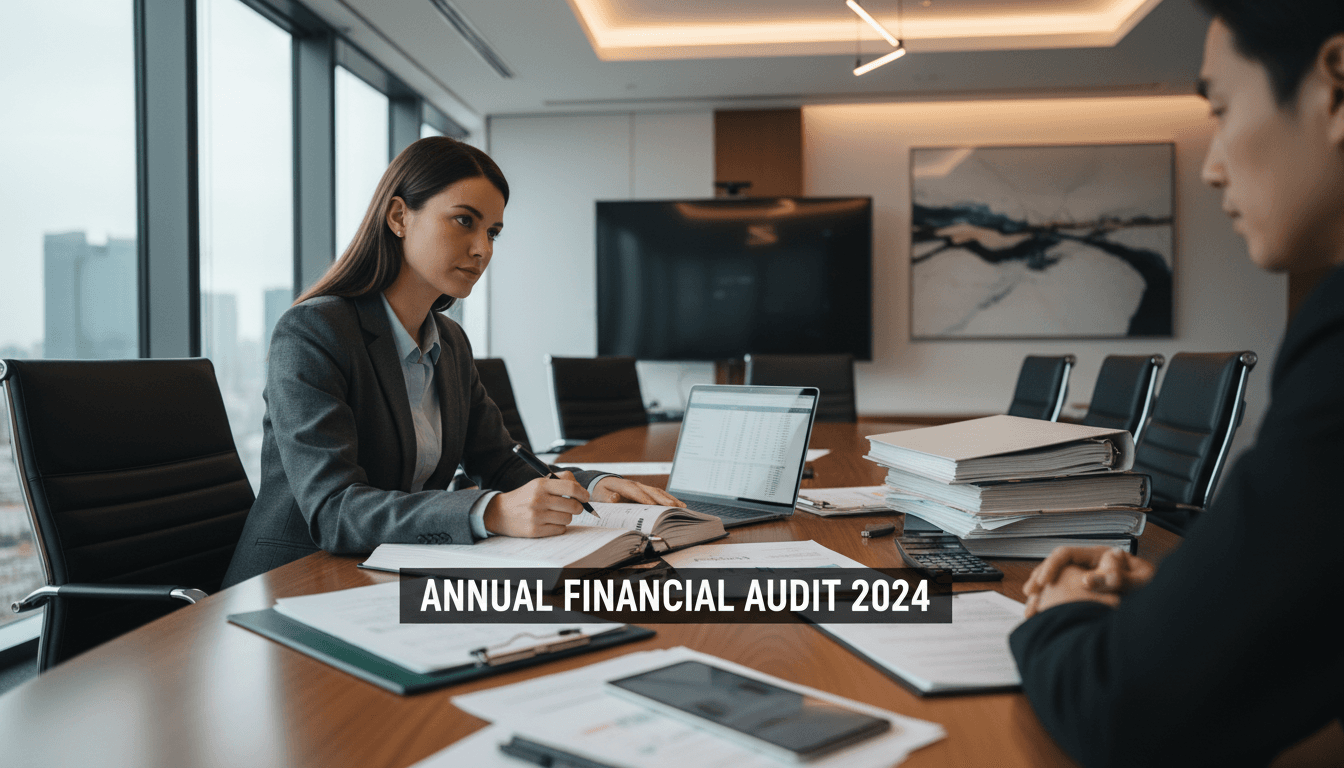 Auditor examining records in a professional meeting room