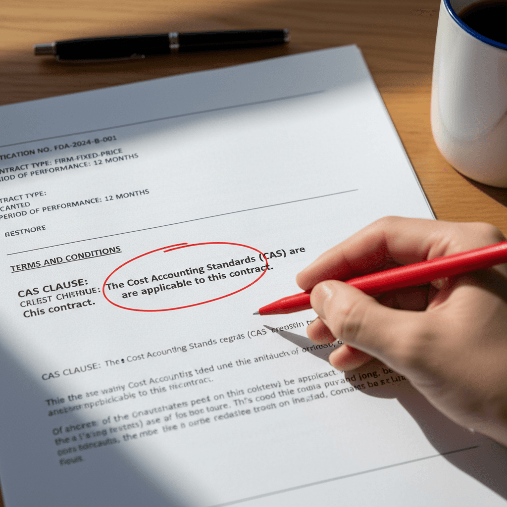 Close-up of a government solicitation document with a CAS clause circled in red ink.