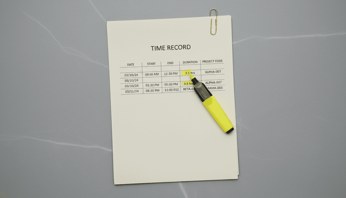 Printed time record with timestamps and project codes
