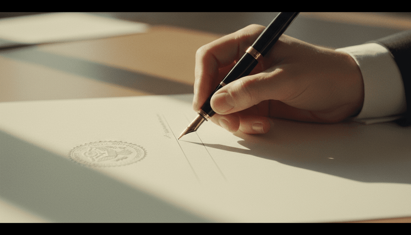Hand signing a government contract document with fountain pen