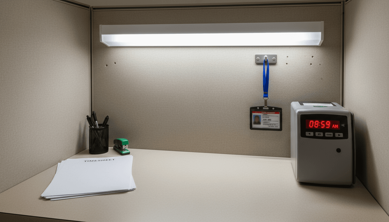 Time clock and employee badge on desk