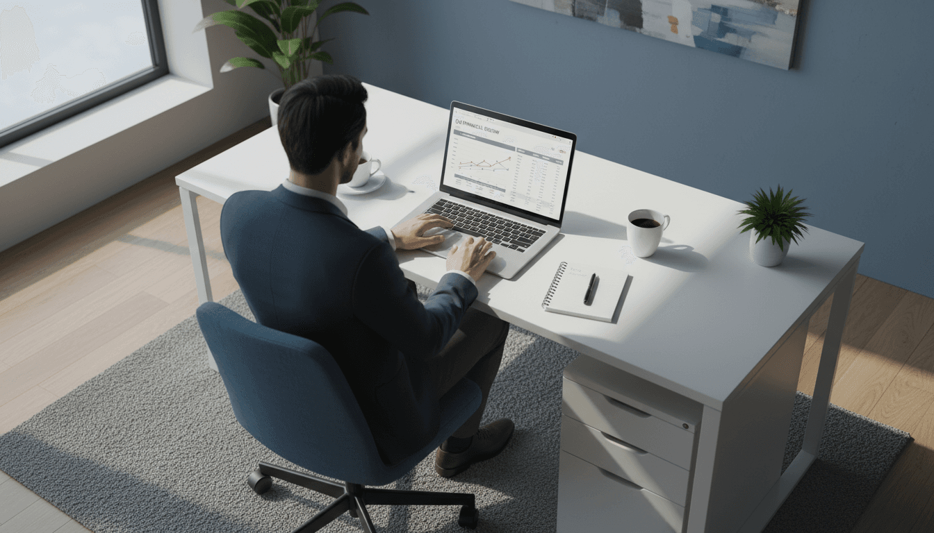 A professional reviewing accounting documents on a laptop in a modern office