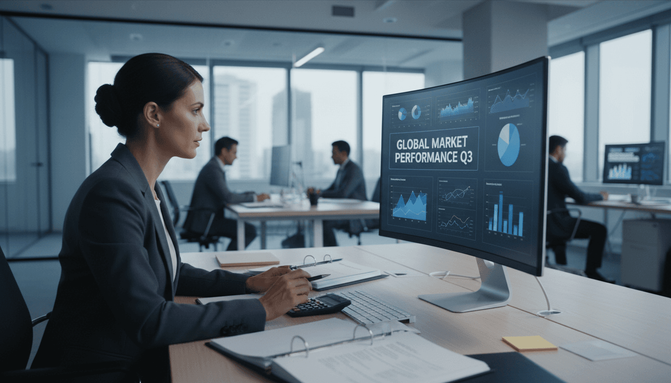 Financial analyst reviewing compliance documents and data charts on a computer screen