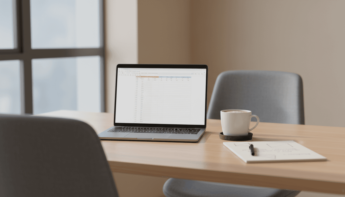 Office desk with laptop showing a spreadsheet and notepad, representing DCAA compliance work