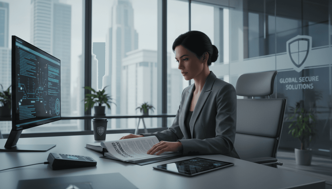 Security specialist reviewing documents in a modern office
