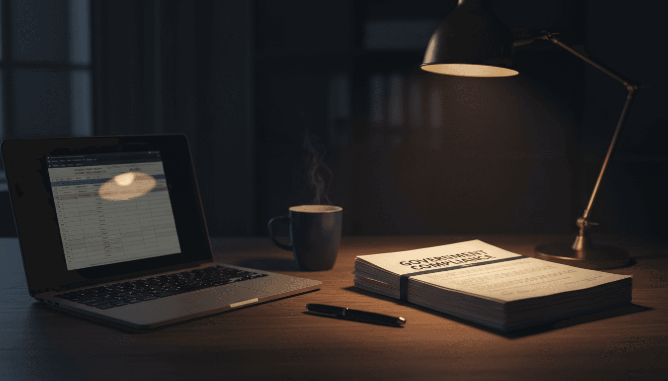 Laptop and regulatory documents on desk with moody lighting