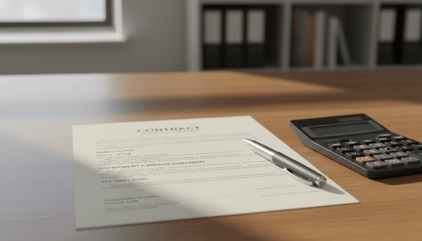 A desk with a contract document, pen, and calculator in soft natural light