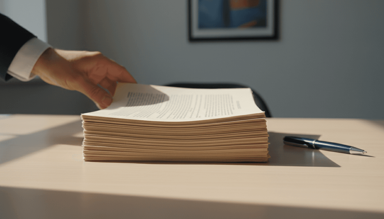 Close-up of government contract documents on a desk with a pen