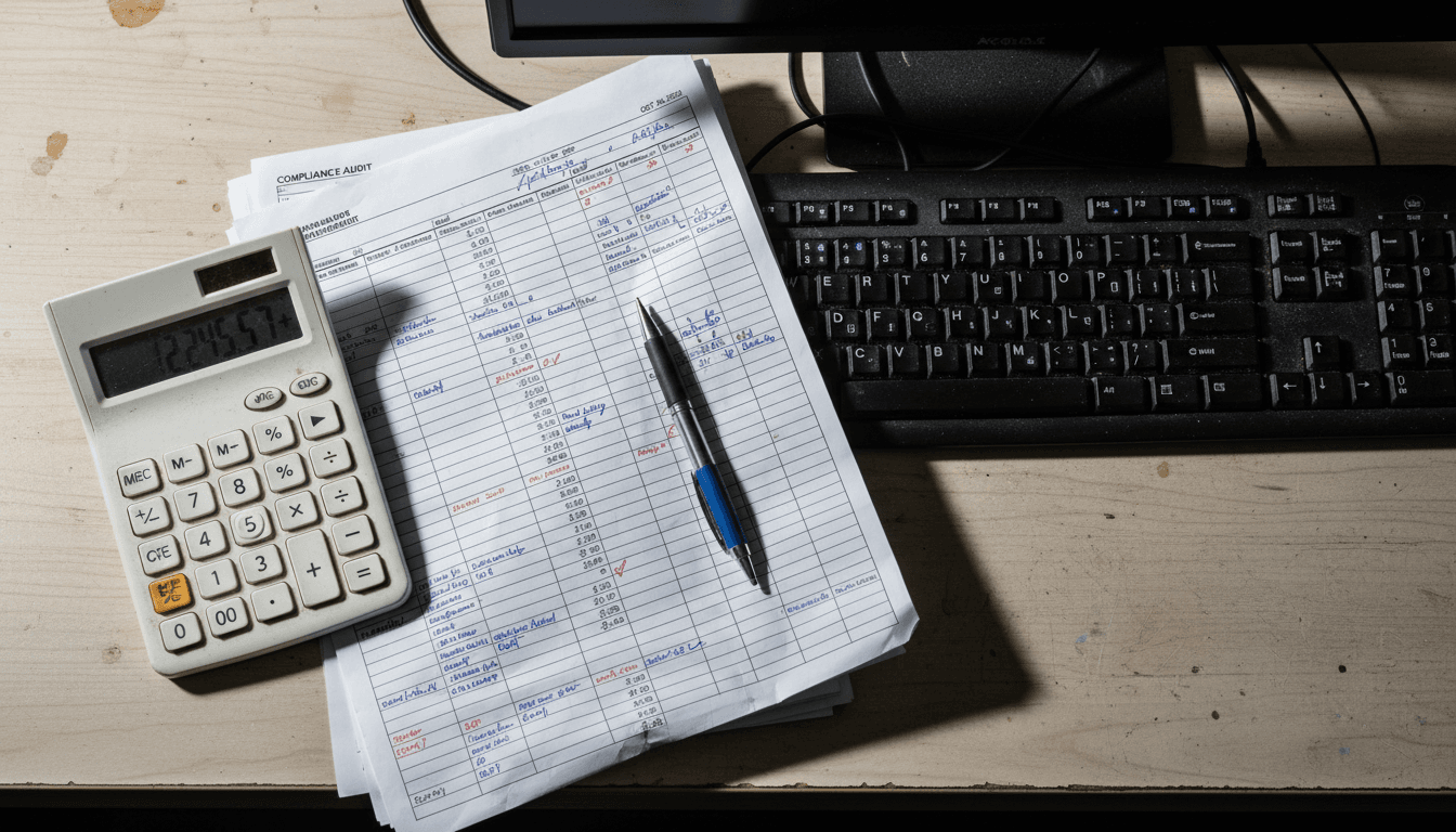 Calculator and payroll reconciliation documents on a desk