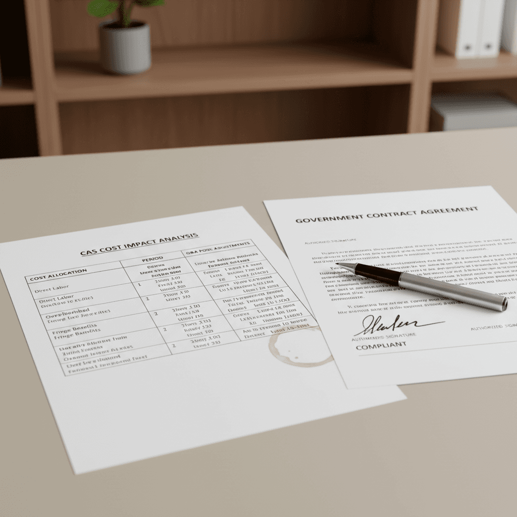 Completed CAS cost impact analysis worksheet and signed contract on a desk.