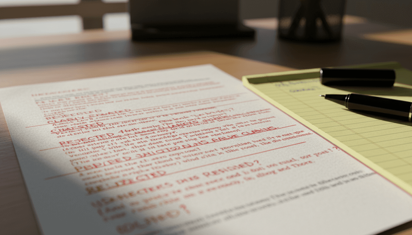 Document with red ink edits and strike-throughs