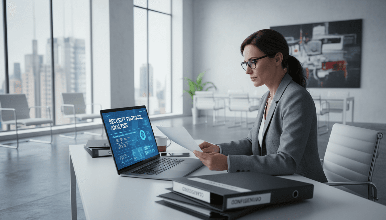 Professional reviewing security documentation on a laptop
