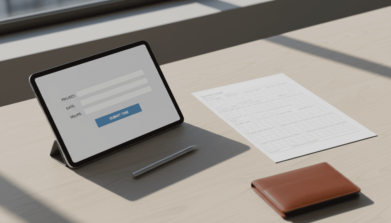 DCAA-compliant timesheets on a desk with tablet