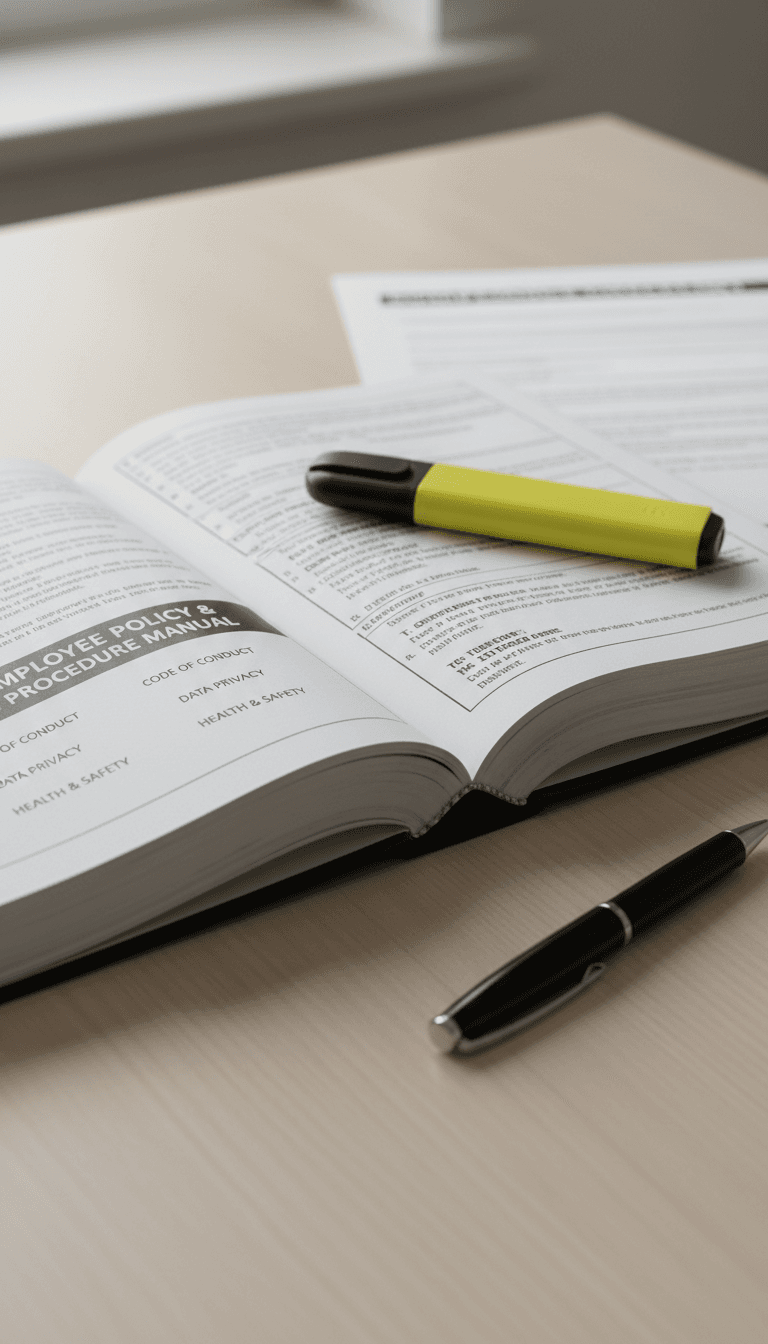 Open compliance policy manual on a clean desk with a pen