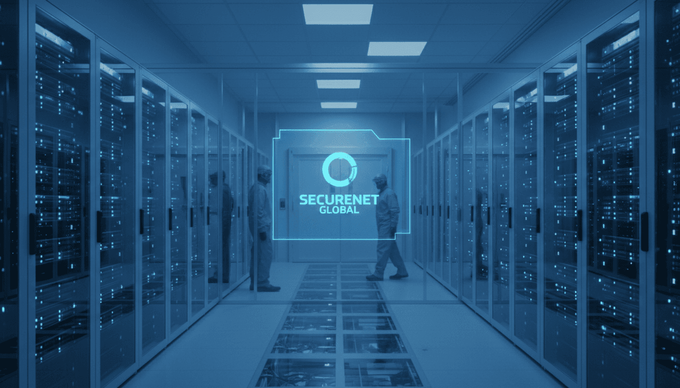 Secure server room with rows of servers and blue lighting