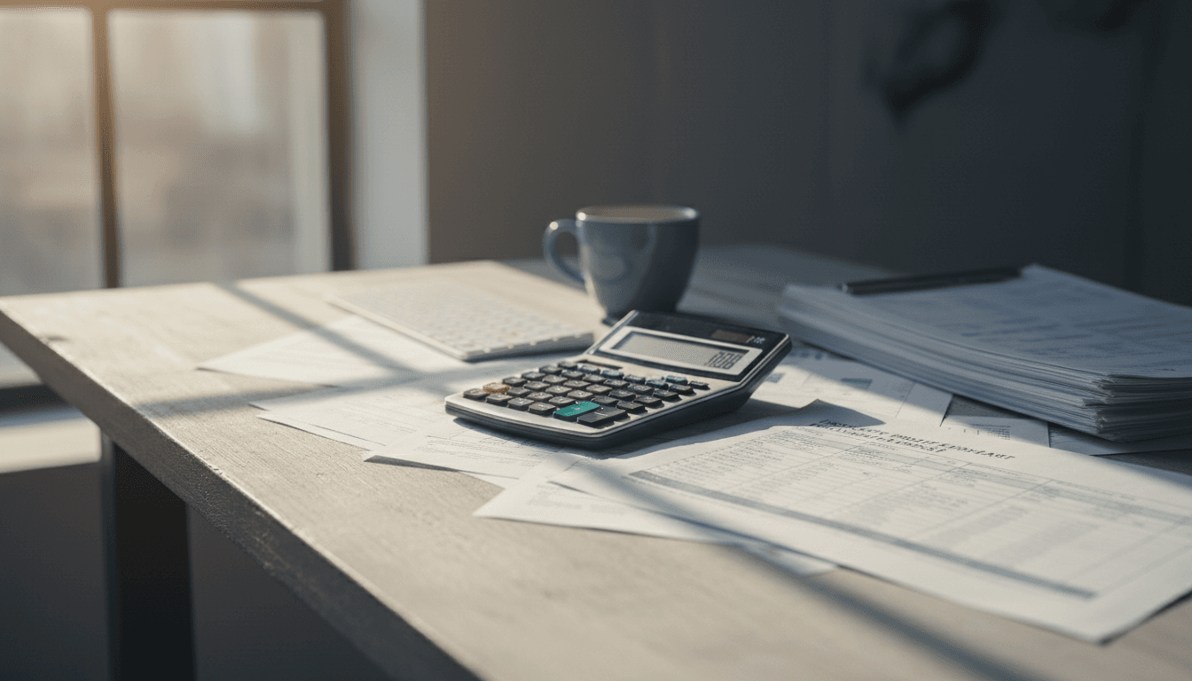 Spreadsheets and calculator on a desk for variance analysis