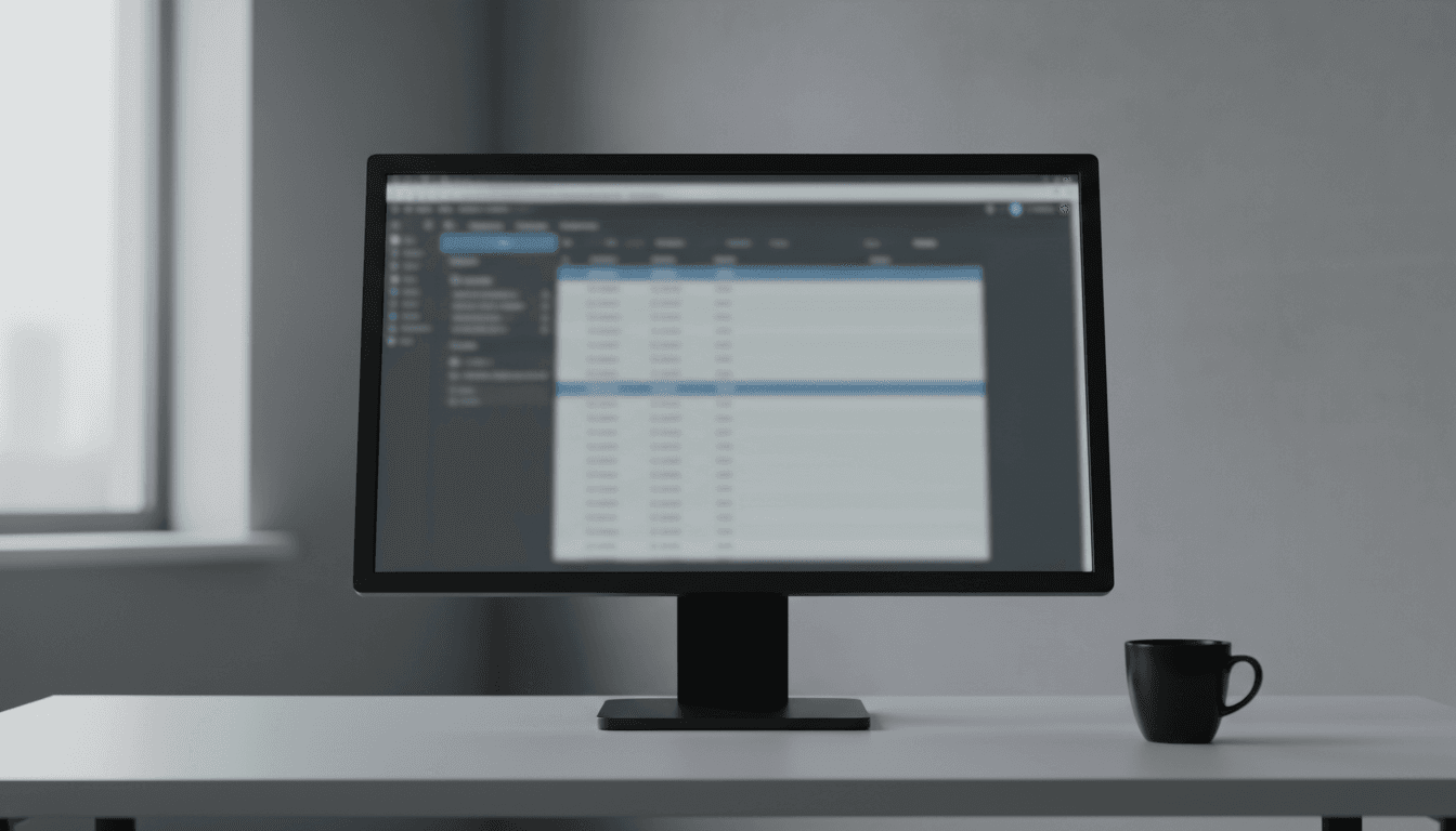 Computer monitor displaying a blurred financial spreadsheet on a desk
