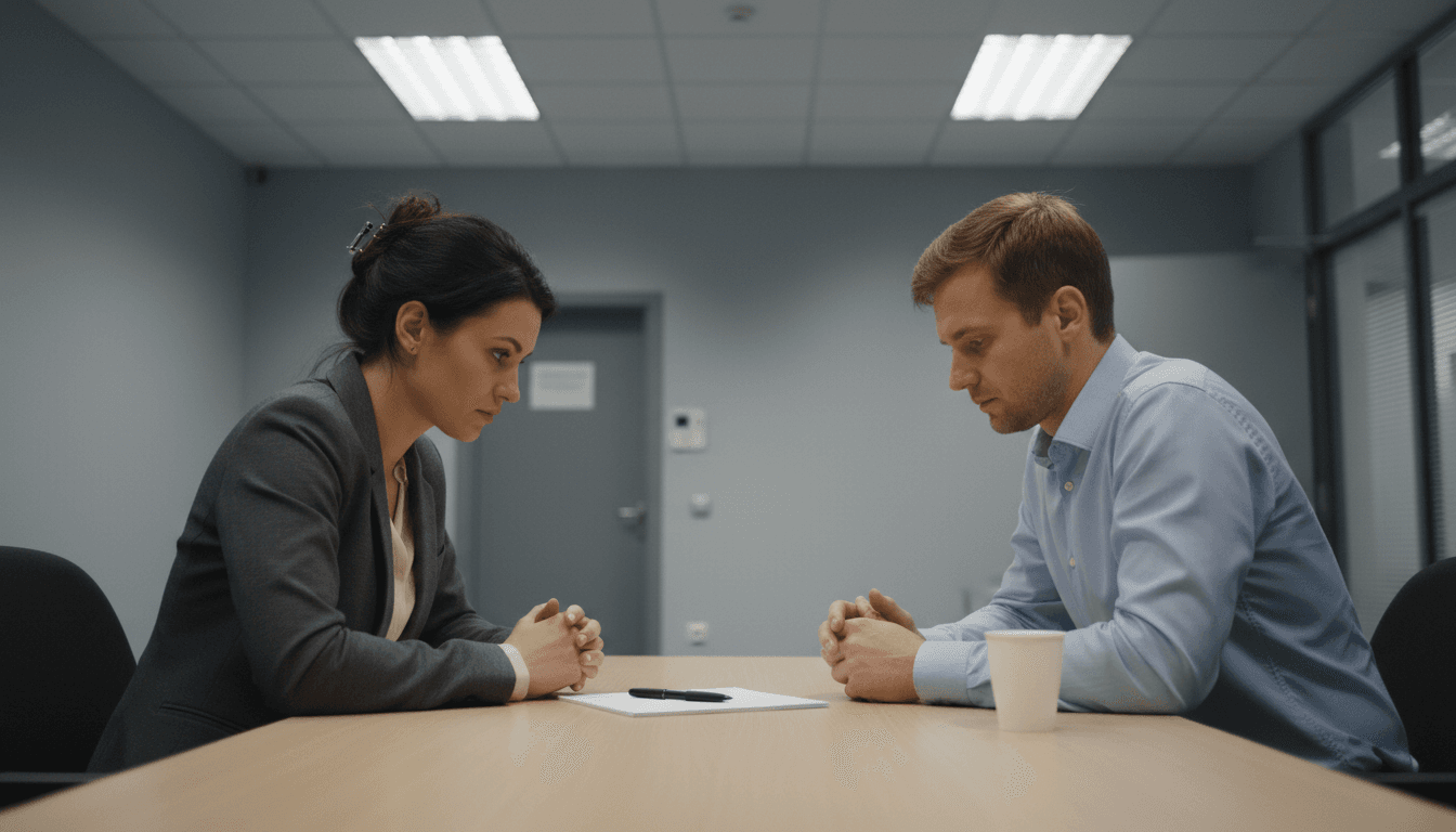 Two people seated at a table in a mock audit setting