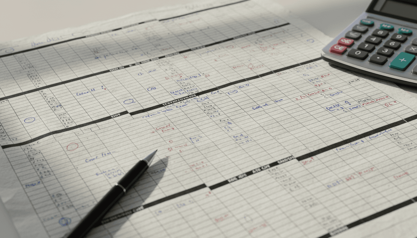 Spreadsheet with handwritten notes and calculator