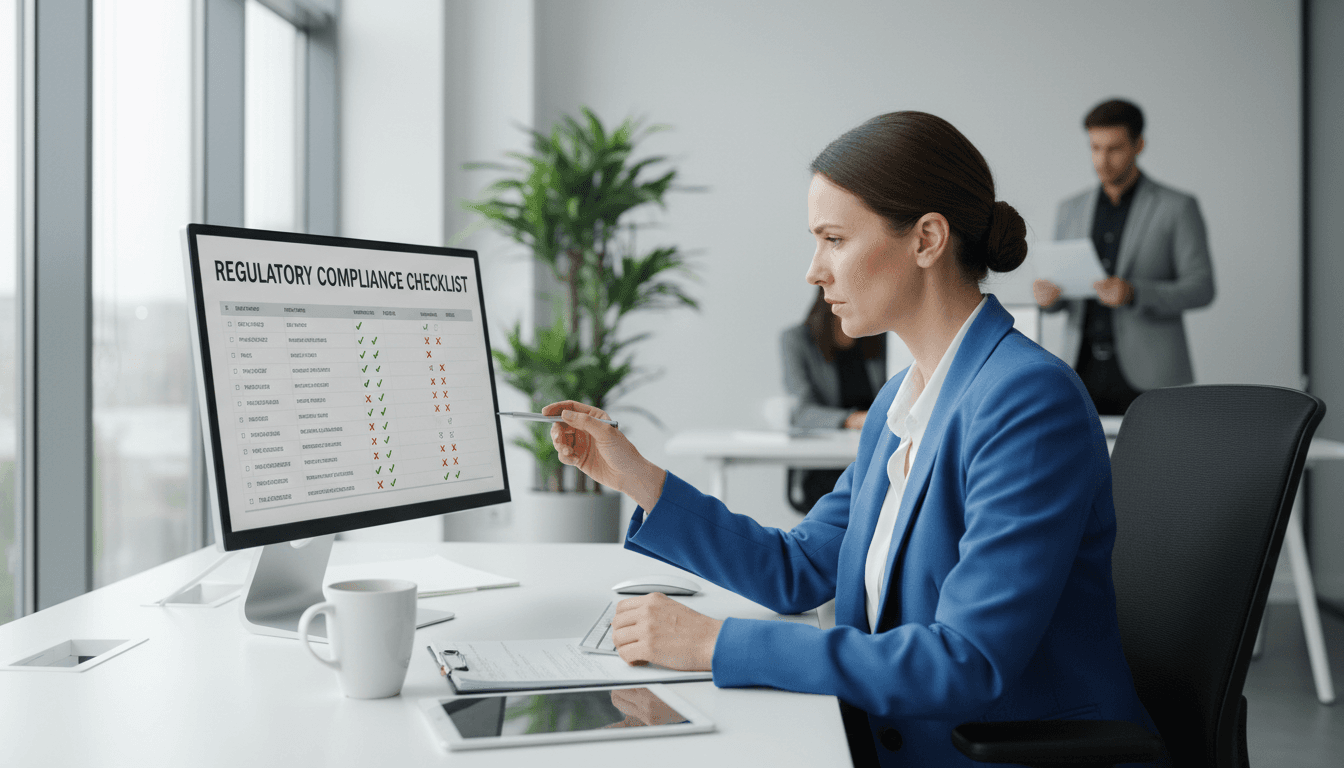 Accountant reviewing compliance lists on a monitor