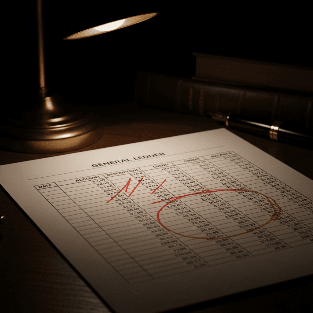 General ledger report with red pen marks