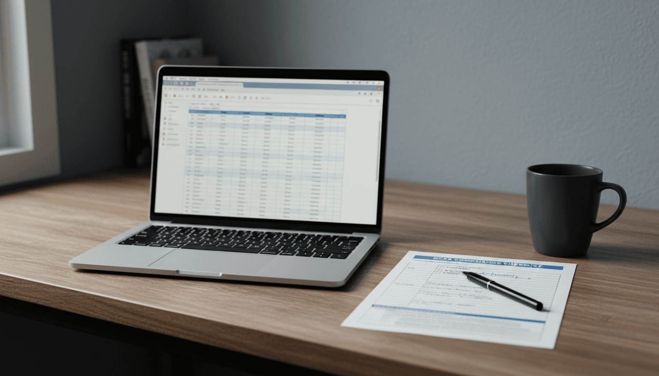 a desk with a laptop and documents related to DCAA compliance