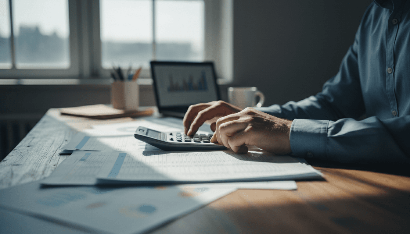 Government contractor review pricing model spreadsheets at a desk