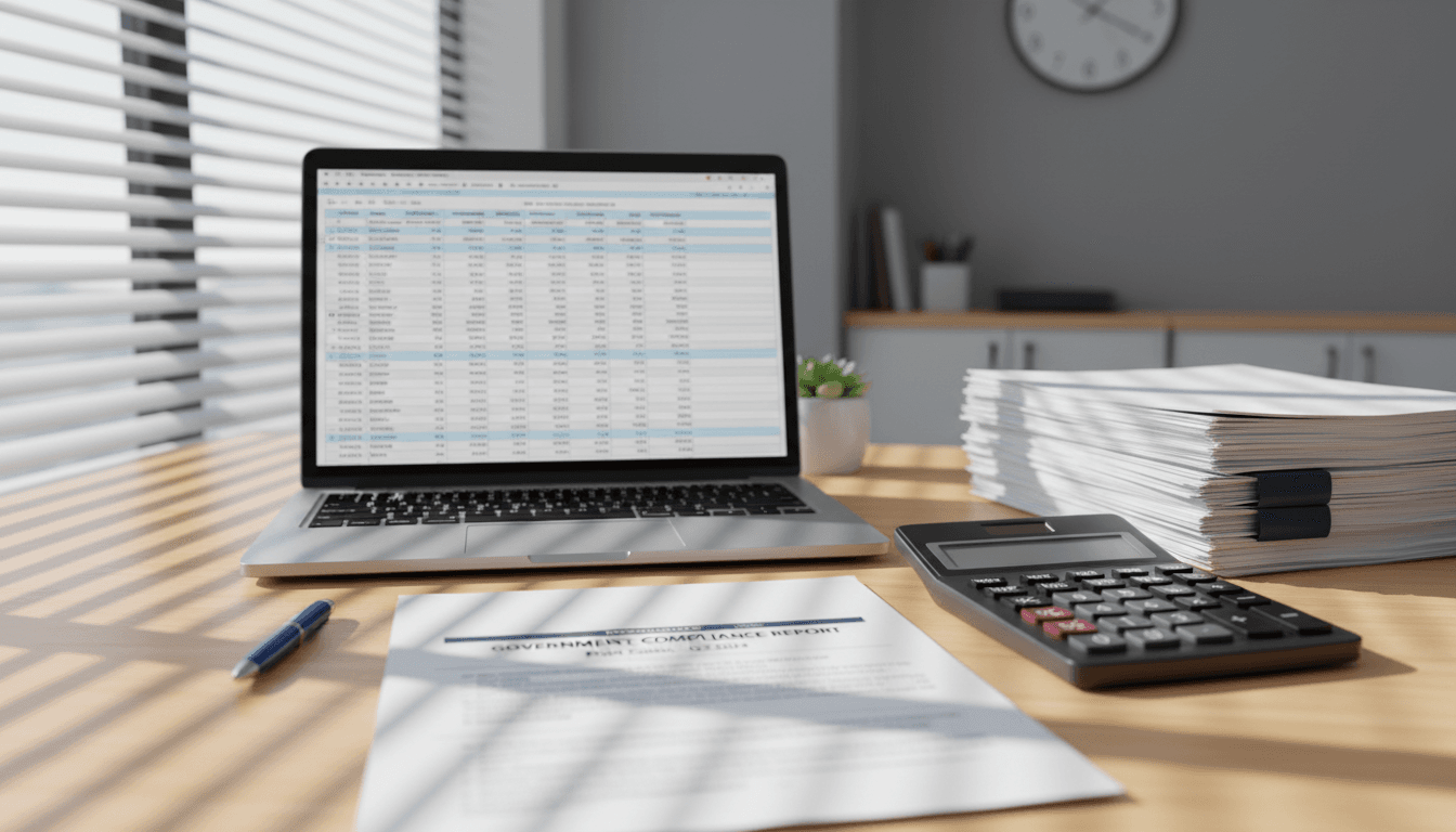A government contractor's desk with compliance documents and a laptop