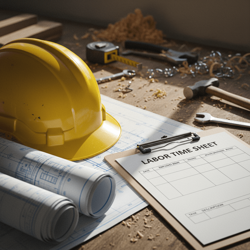 Hard hat on blueprints with time sheet