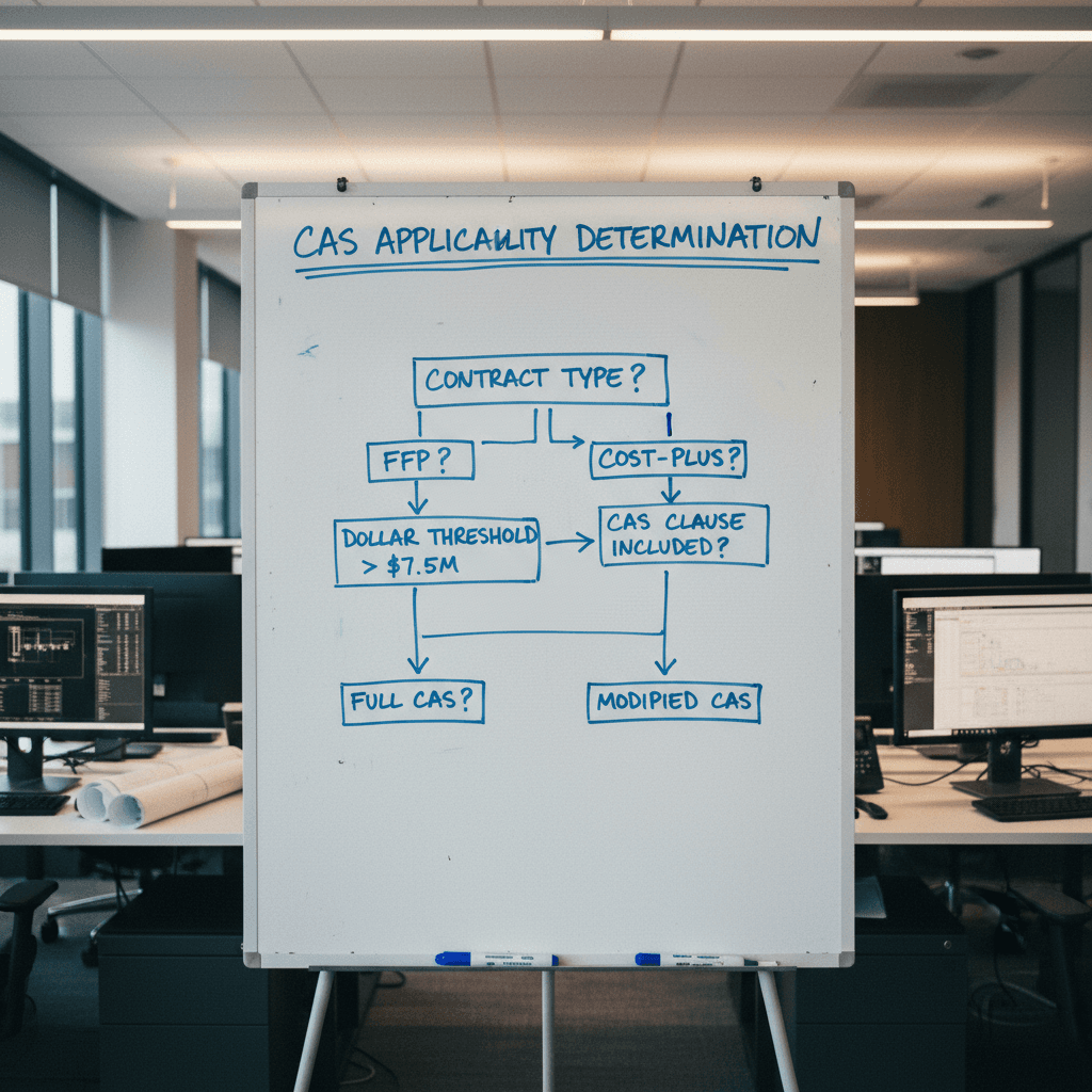 Whiteboard in a government contractor's office showing a CAS applicability flowchart.
