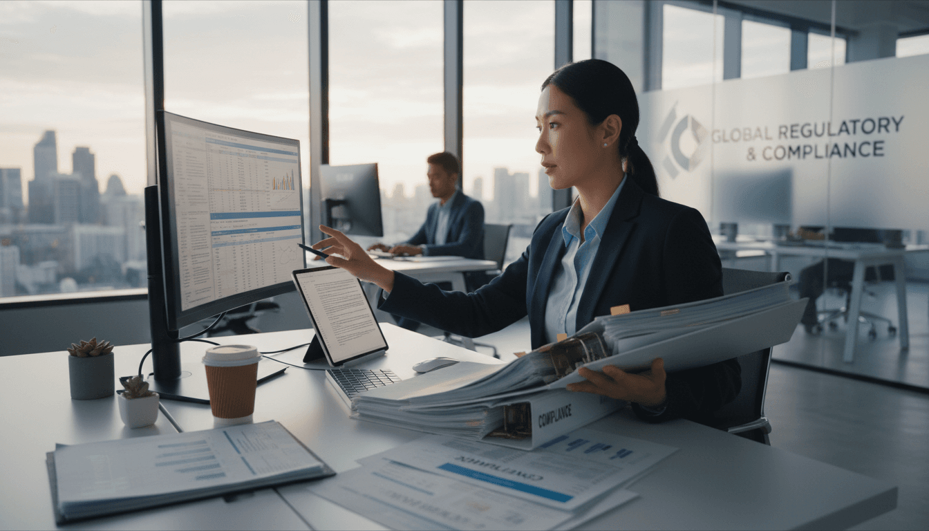 Financial analyst reviewing compliance documents at a modern office desk with computer
