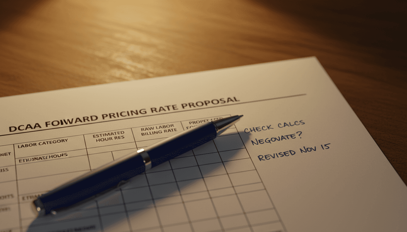 DCAA pricing form with hand calculations and a pen