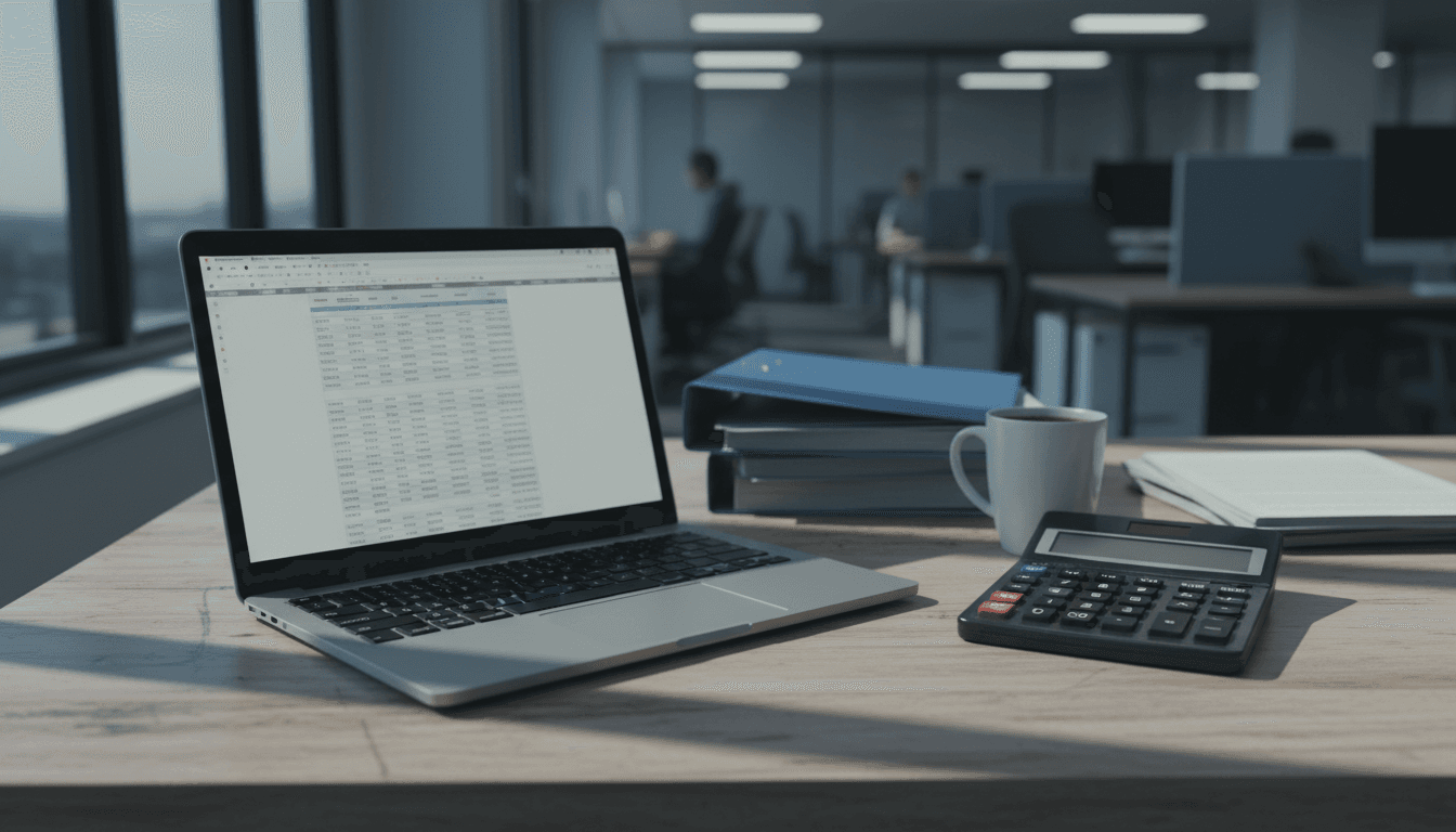Desk with laptop, calculator, and coffee in an accounting office
