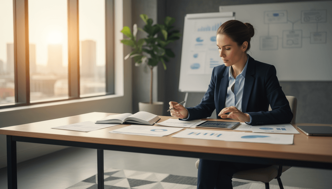 Professional consultant reviewing compliance documents in a modern office
