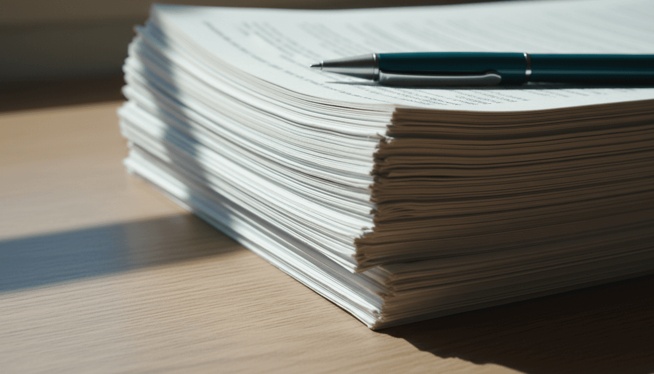 Stack of compliance documents and a pen on a desk
