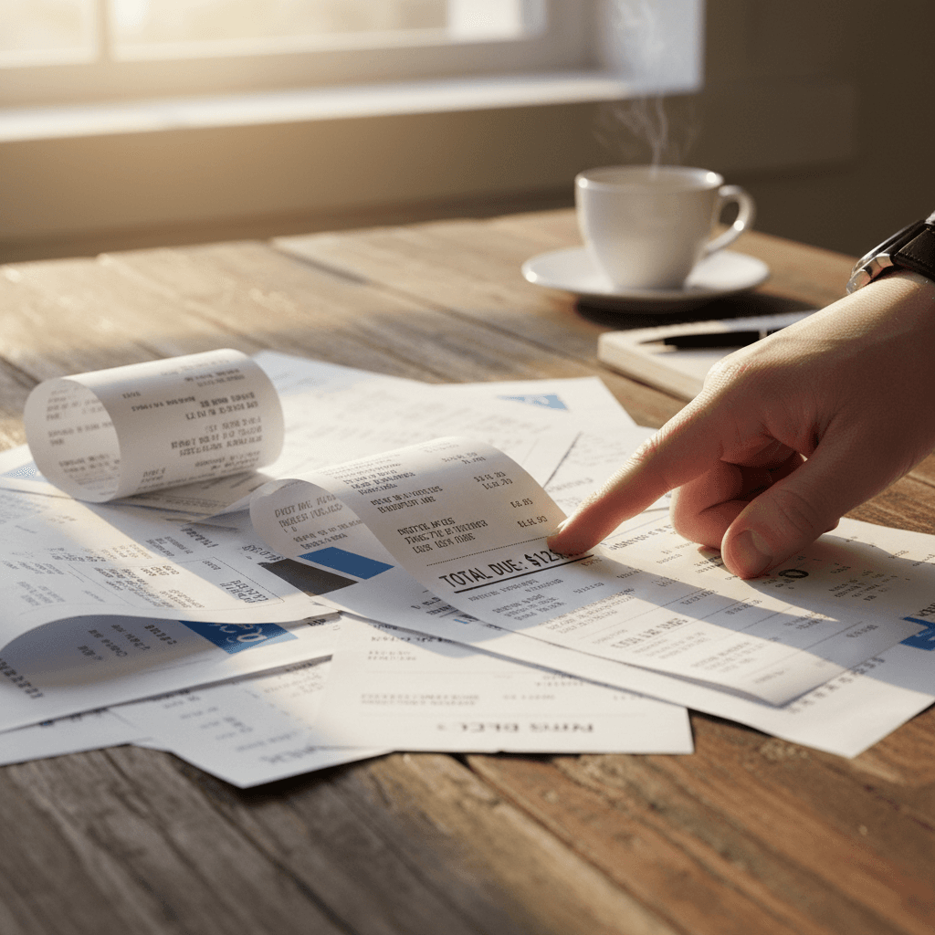Receipts and invoices on a wooden table