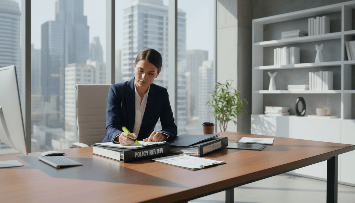 Professional reviewing a policy manual in an office