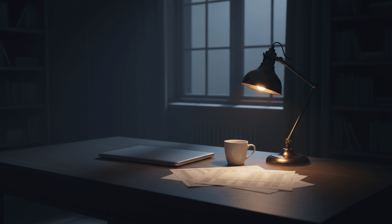 Quiet office desk with a laptop and financial documents, lit by a desk lamp