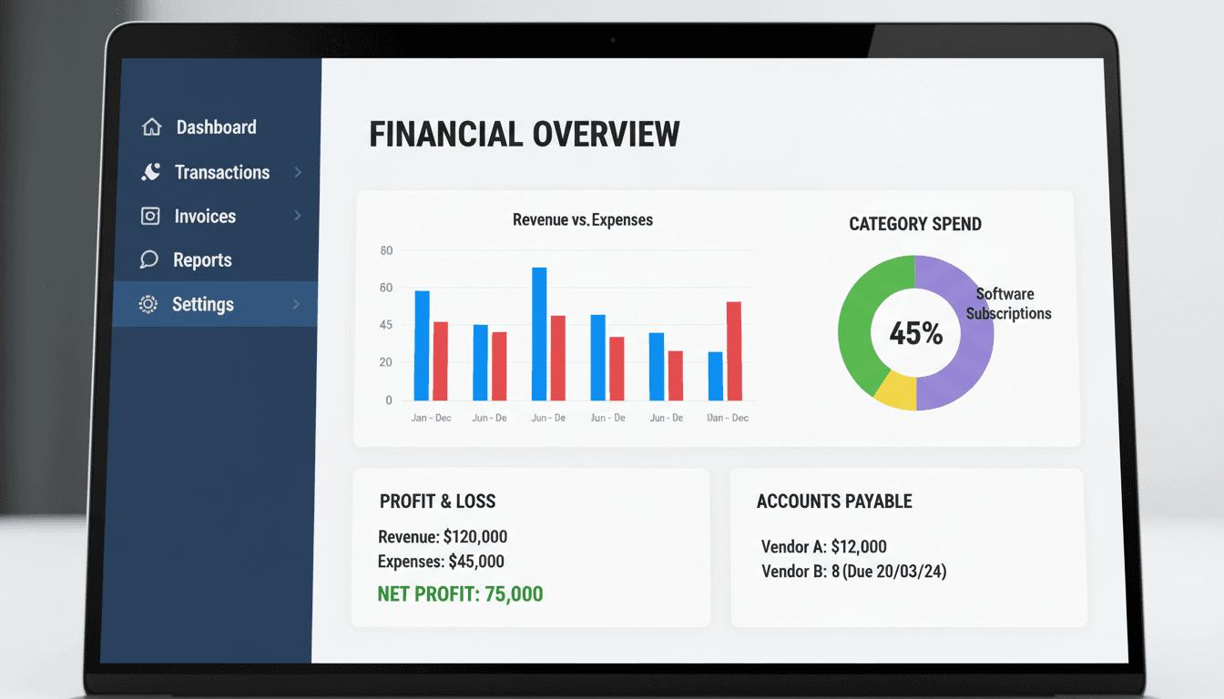 Close-up of accounting software interface on laptop screen showing charts and reports
