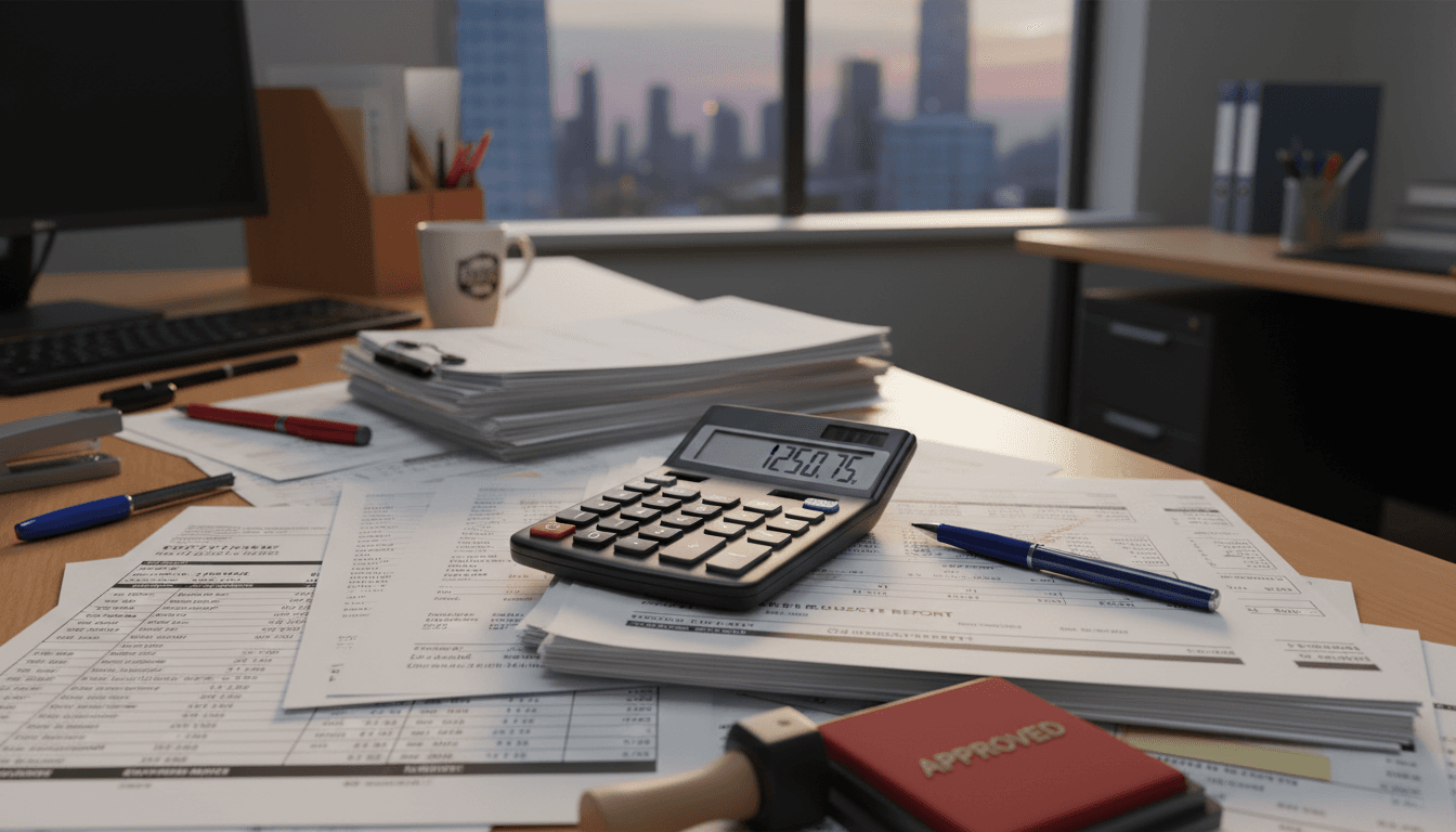 Financial documents and calculator on an accounting desk