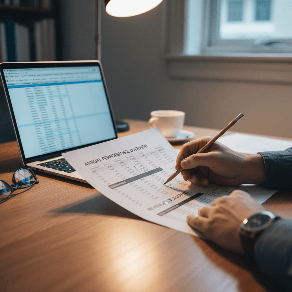 Person reviewing a financial report at a desk
