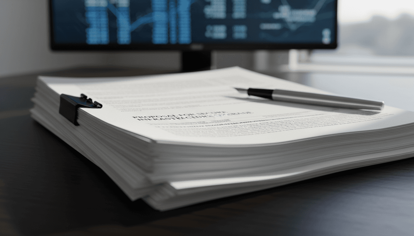 Stack of government contract proposal documents with a pen resting on top, natural light and shadows across the pages