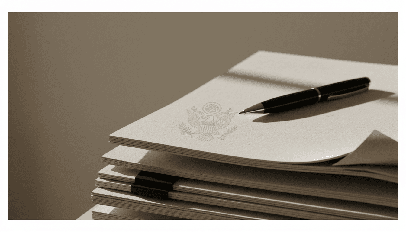 Stack of government contract documents with a pen on top
