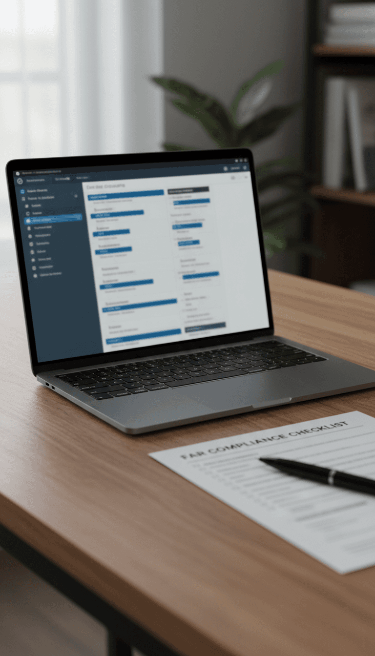 QuickBooks Online chart of accounts on a laptop with a FAR compliance checklist beside it