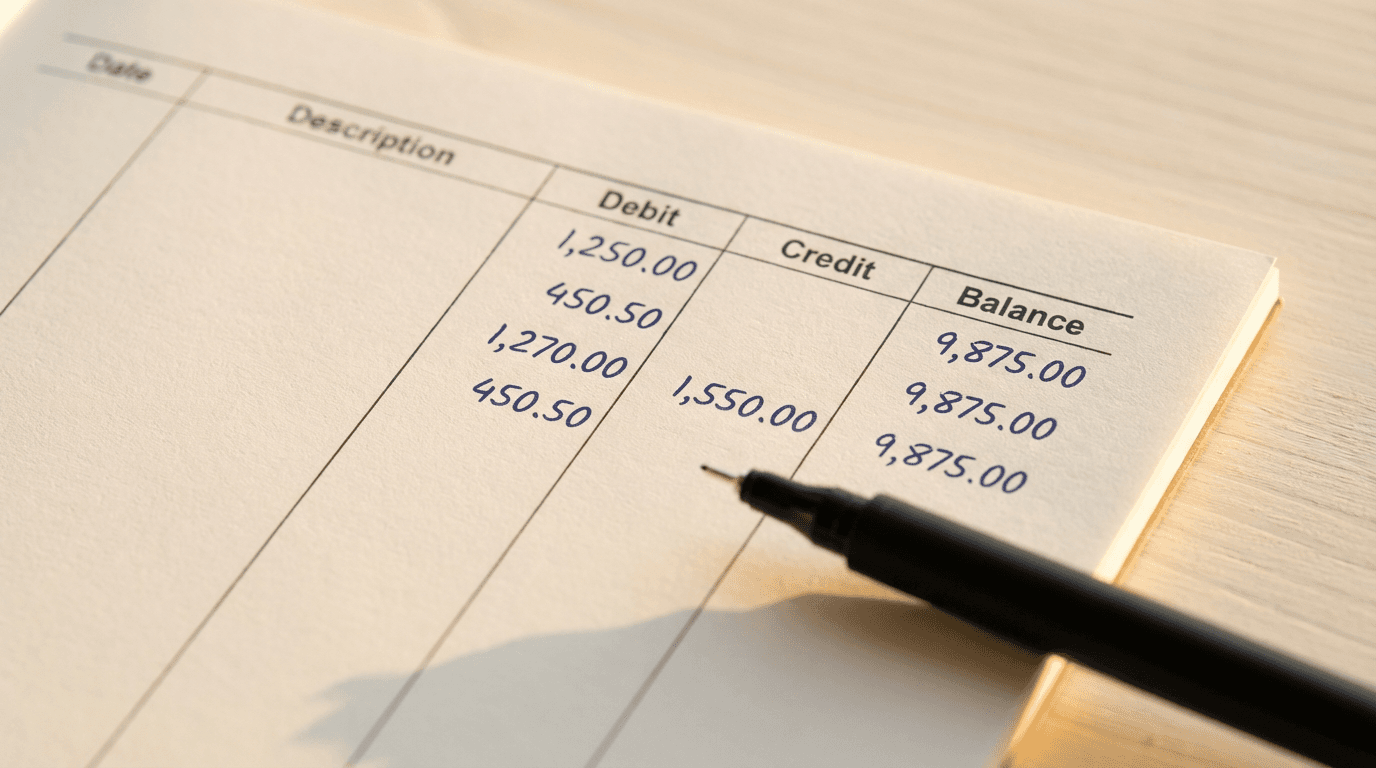 Close up of hands reviewing financial documents on a desk with coffee cup in background