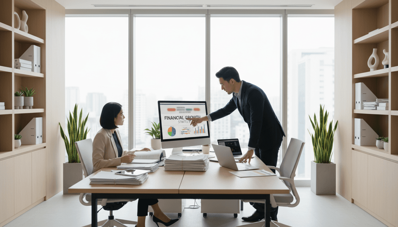 Two financial professionals collaborating at desk reviewing reports and financial data on computer screen