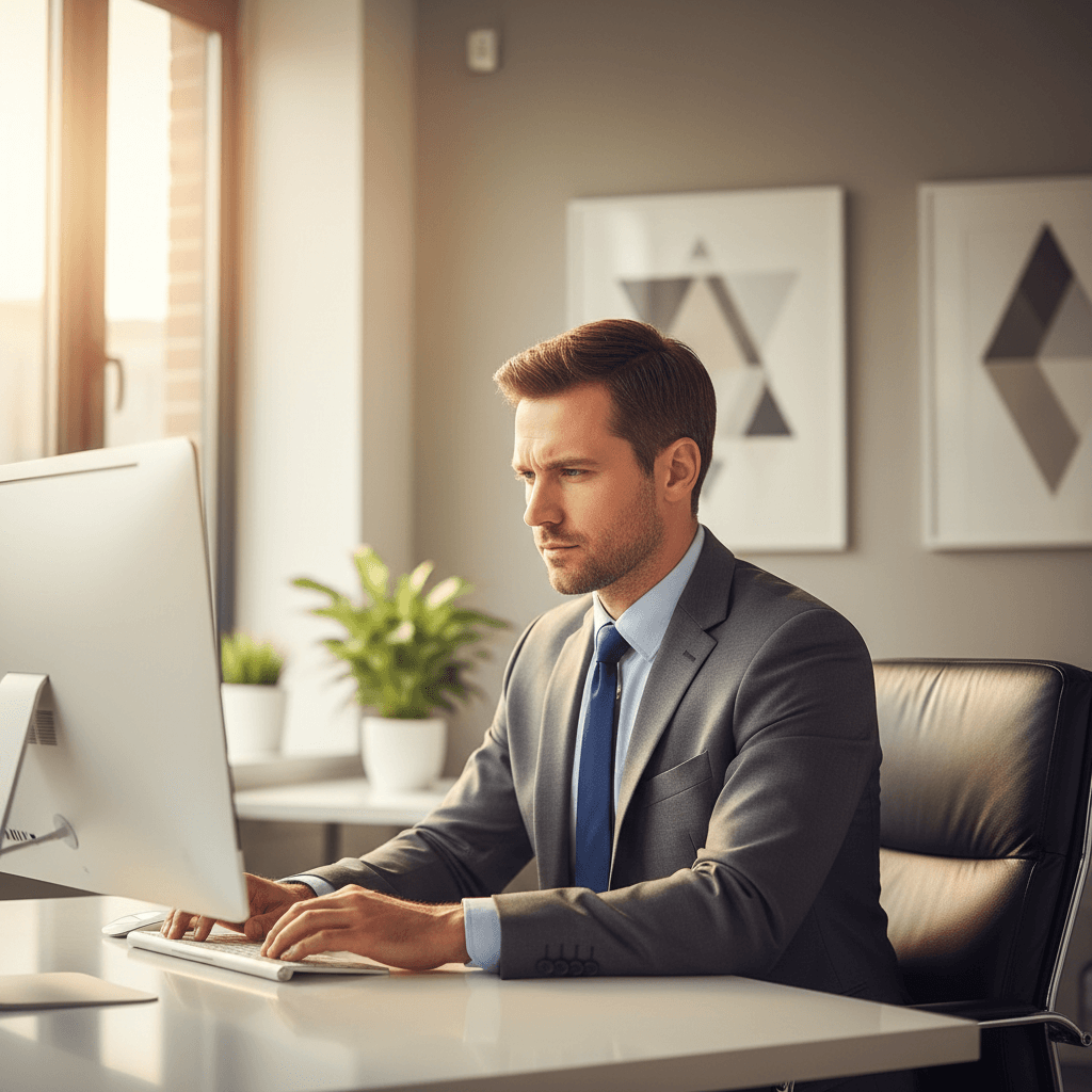 Professional man in business attire looking confidently at camera in modern office