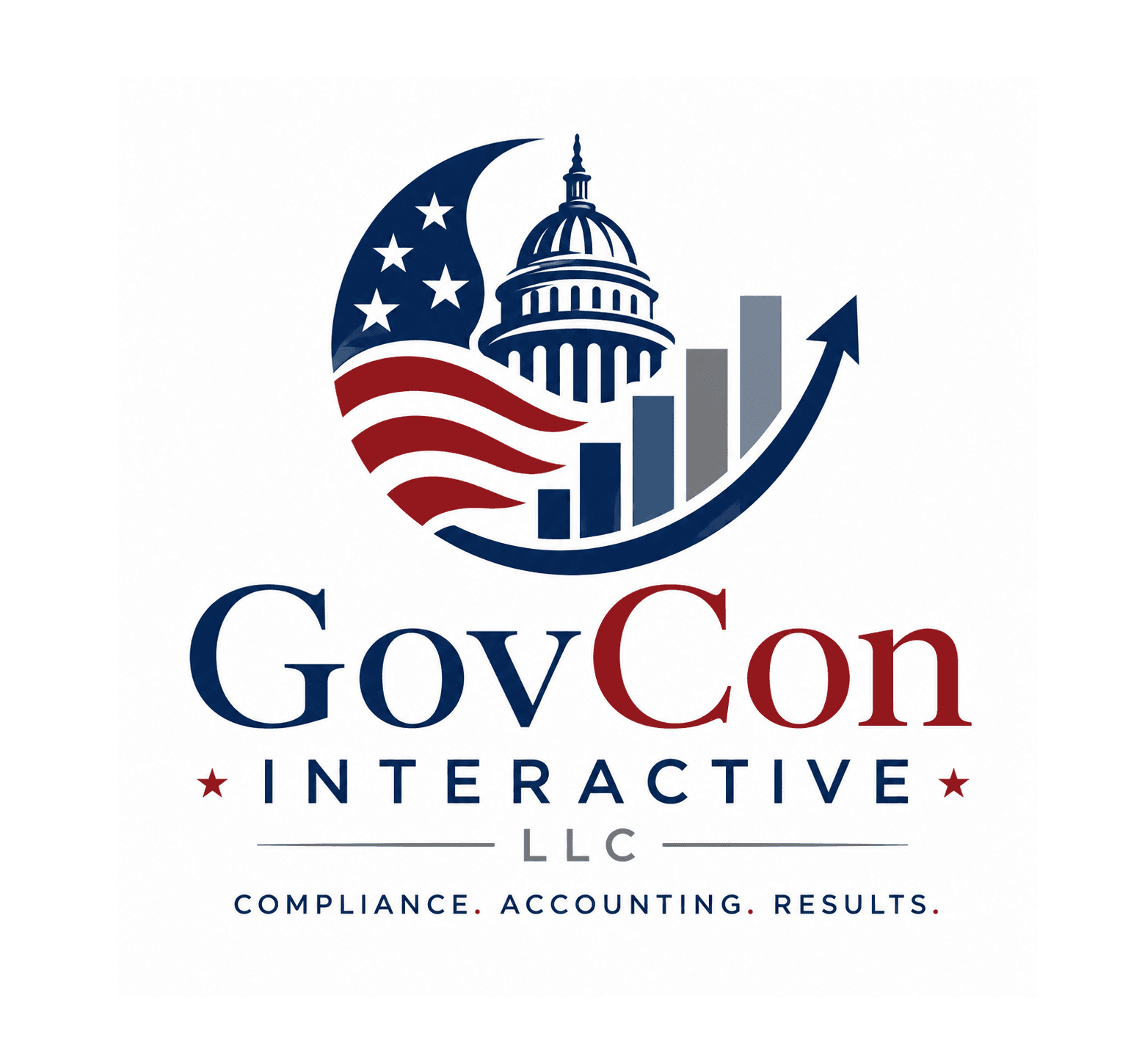 GovCon Interactive LLC logo featuring US Capitol dome, flag imagery, and a rising bar graph.